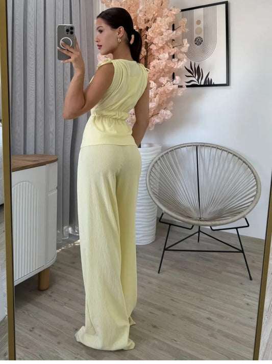 Keten Dokulu Sarı Bluz Pantolon Takım