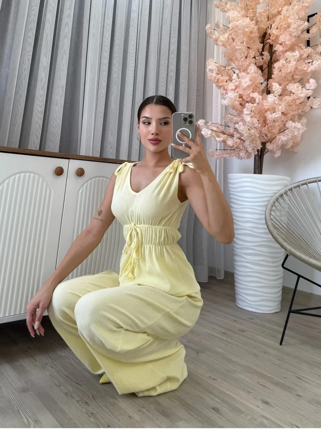 Keten Dokulu Sarı Bluz Pantolon Takım